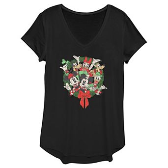 Disney's Mickey Mouse & Friends Juniors' Christmas Wreath V-Neck Tee