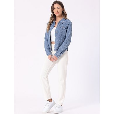 Women's Jean Jacket Button Up Long Sleeves Texture Washed Casual Denim Jacket