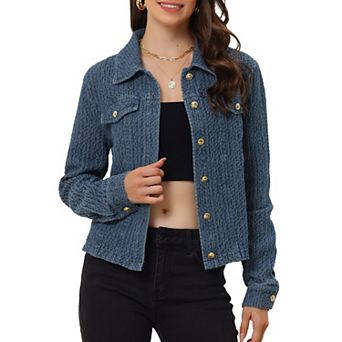 Women's Jean Jacket Button Up Long Sleeves Texture Washed Casual Denim Jacket