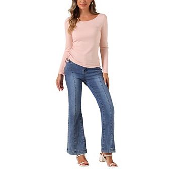 Women's Drawstring Ruched Top Round Neck Long Sleeve Irregular Hem Basic T-shirt Tops