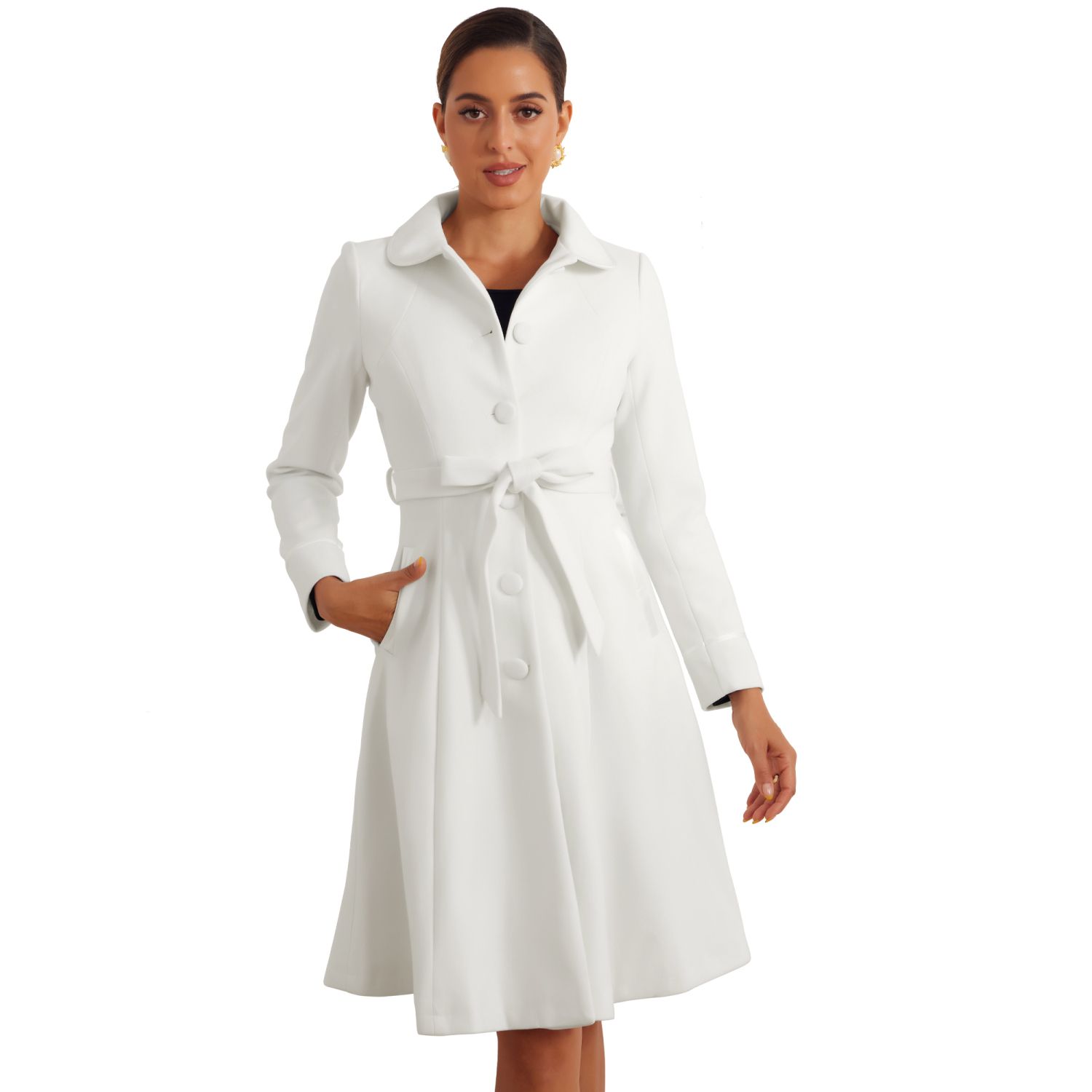 Allegra K Women's Contrast Trim Peter Pan Collar Single Breasted Belted Swing Winter Long Coat Small White Women's Peter Pan Collar Single Breasted Belted Contrast Trim Swing Winter  Coat