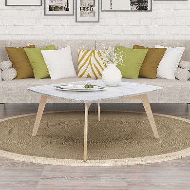 Vezzana 31" Square Italian Carrara White Marble Coffee Table with Oak Legs