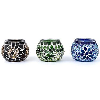 2.4 in Handmade Ecru and Blue and Green Mosaic Glass Tealight Candle Holder (Set of 3)