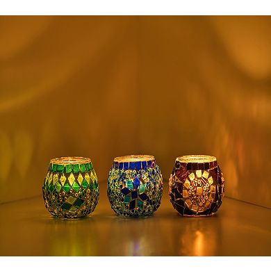 2.4 in. Handmade Ecru and Blue and Green Mosaic Glass Tealight Candle Holder (Set of 3)