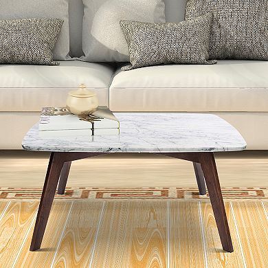 Vezzana 31" Square Italian Carrara White Marble Coffee Table with Walnut Legs