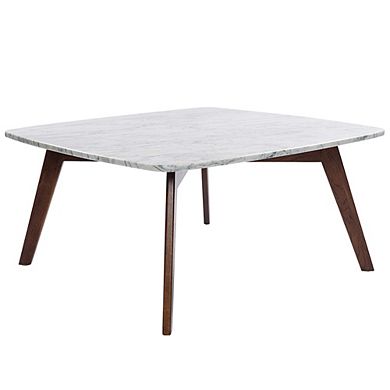 Vezzana 31" Square Italian Carrara White Marble Coffee Table with Walnut Legs