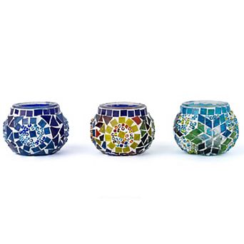 2.4 in Handmade Blue and Turquoise and Multicolor Mosaic Glass Tealight Candle Holder (Set of 3)