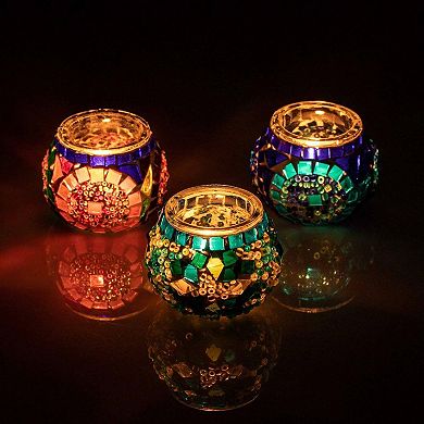 2.4 in. Handmade Blue and Turquoise and Multicolor Mosaic Glass Tealight Candle Holder (Set of 3)