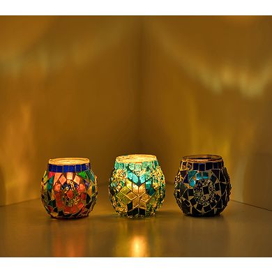 2.4 in. Handmade Blue and Turquoise and Multicolor Mosaic Glass Tealight Candle Holder (Set of 3)