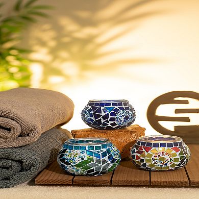 2.4 in. Handmade Blue and Turquoise and Multicolor Mosaic Glass Tealight Candle Holder (Set of 3)