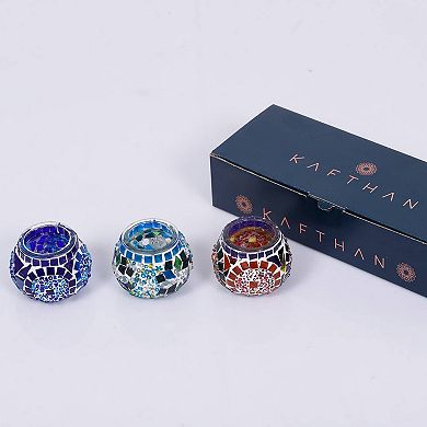 2.4 in. Handmade Blue and Turquoise and Multicolor Mosaic Glass Tealight Candle Holder (Set of 3)