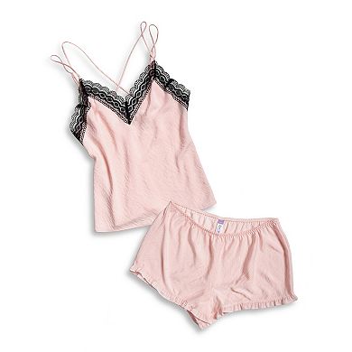 Women's Lilac+London Lace Trimmed Basic Camisole & Flutter Hem Shorts Pajama Set