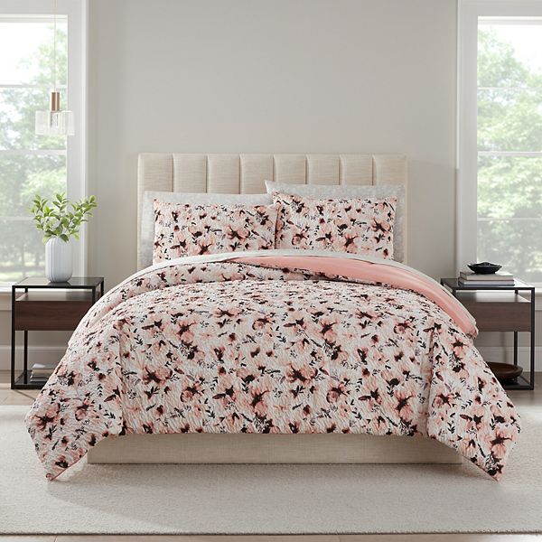 Nine West Nora Floral Printed Texture Bedding Set - Blush (FULL)