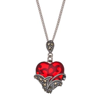 Tori Hill Sterling Silver Marcasite & Red Glass Heart Pendant Necklace