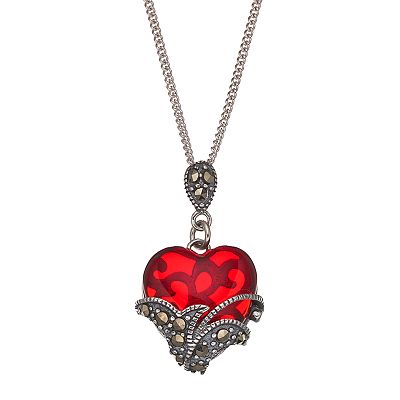 Tori Hill Sterling Silver Marcasite Red Glass Heart Pendant