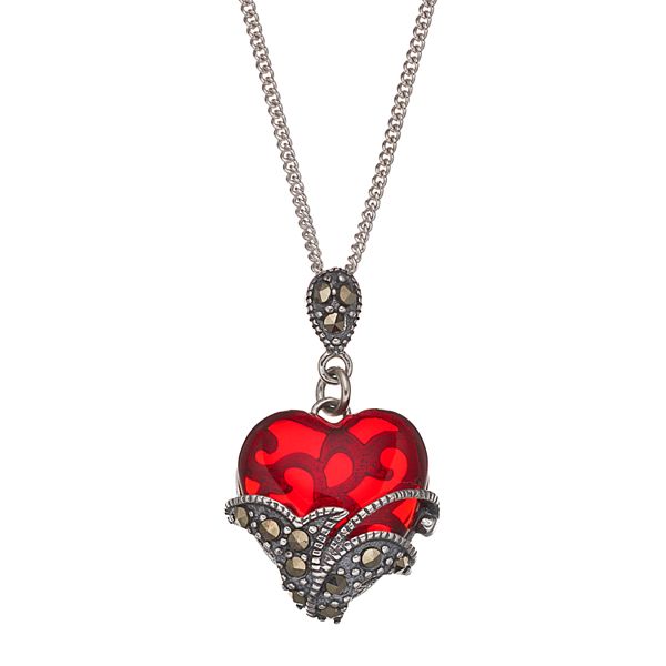 Tori Hill Sterling Silver Marcasite Red Glass Heart Pendant Necklace