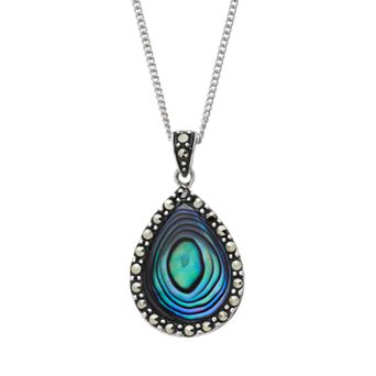 Tori Hill Sterling Silver Marcasite & Abalone Teardrop Pendant Necklace