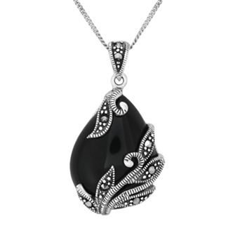 Tori Hill Sterling Silver Marcasite & Onyx Teardrop Pendant Necklace