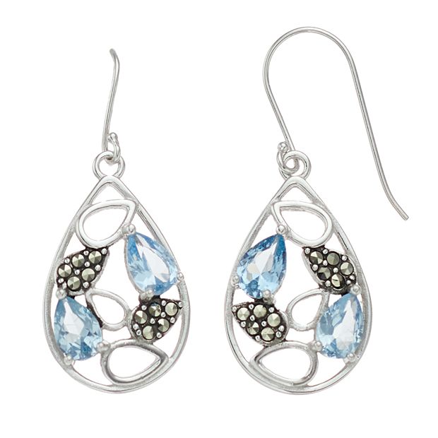 Tori Hill Sterling Silver Marcasite Blue Glass Drop Earrings