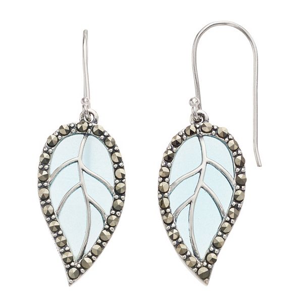 Tori Hill Sterling Silver Marcasaite & Blue Glass Leaf Drop Earrings