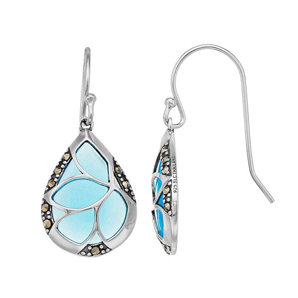 Tori Hill Sterling Silver Marcasaite & Blue Glass Drop Earrings
