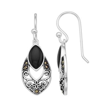 Tori Hill Sterling Silver Marcasaite & Onyx Drop Earrings