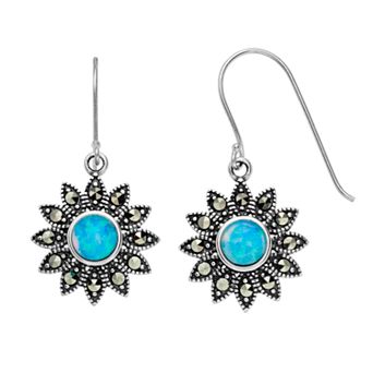 Tori Hill Sterling Silver Marcasaite & Simulated Blue Opal Flower Drop Earrings