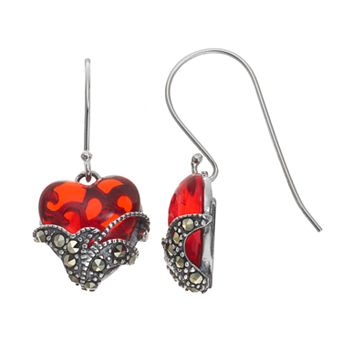 Tori Hill Sterling Silver Marcasaite & Red Glass Heart Drop Earrings