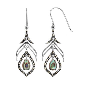 Tori Hill Sterling Silver Abalone & Marcasite Feather Drop Earrings