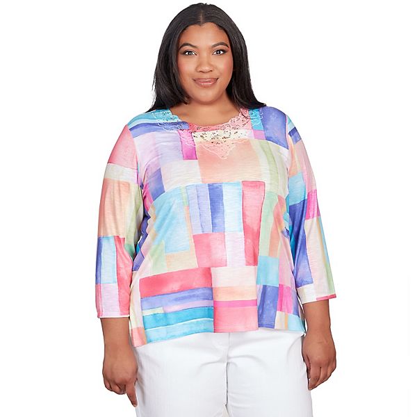 Plus Size Alfred Dunner Bright Patchwork Lace Neck Top