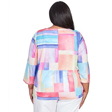 Plus Size Alfred Dunner Bright Patchwork Lace Neck Top