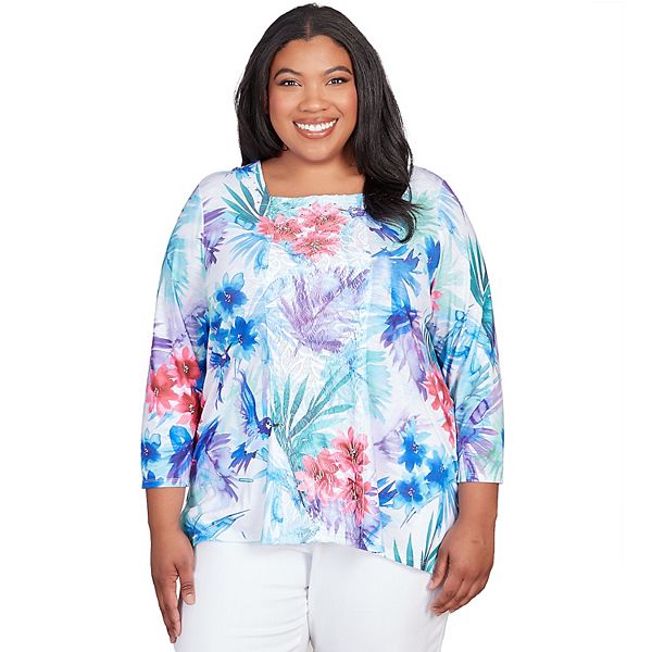 Plus Size Alfred Dunner Tropical Birds Lace Paneled Top