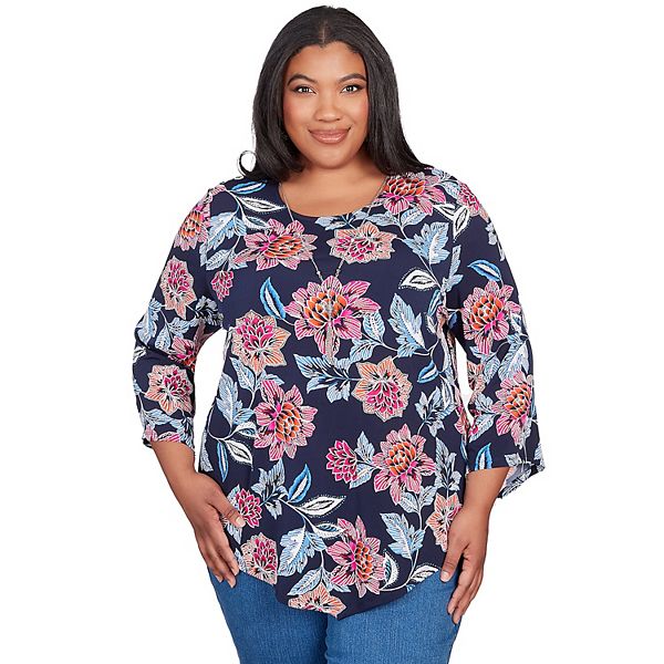 Plus Size Alfred Dunner Puff Print Classic Floral Top with Necklace