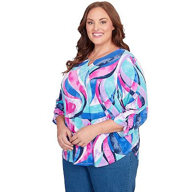 Plus Size Alfred Dunner Puff Print Stained Glass Swirl Split Neck Top