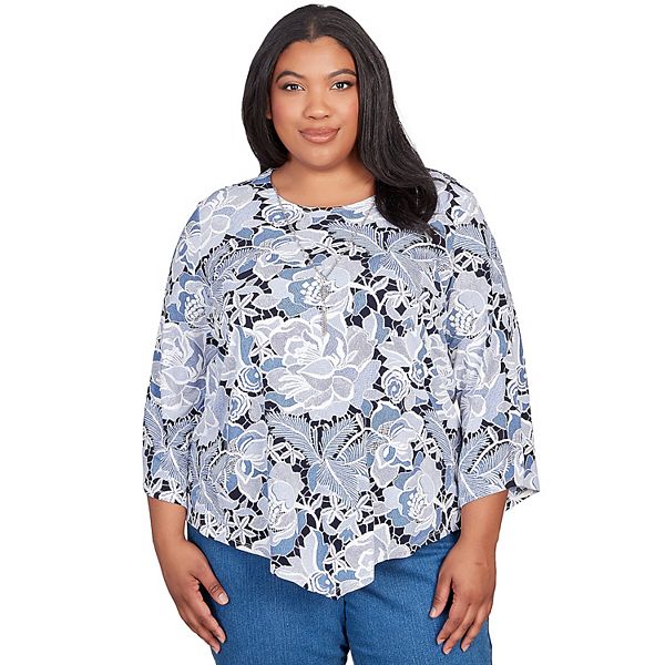 Plus Size Alfred Dunner Puff Print Lacey Floral Top with Necklace