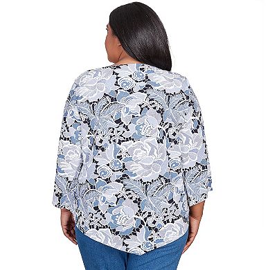 Plus Size Alfred Dunner Puff Print Lacey Floral Top with Necklace