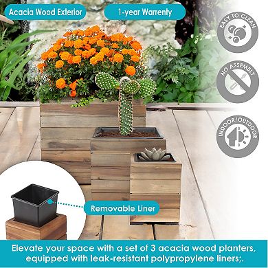 Sunnydaze 3-piece Acacia Square Planter Boxes With Liners