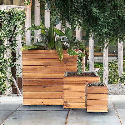 Sunnydaze Indoor/Outdoor Square Acacia Wood Planter Box with Plastic Liner - 3pk - Light Brown Stain