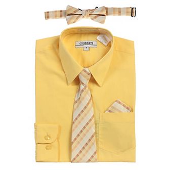 Gioberti Boy's Long Sleeve Dress Shirt + Plaid Tie, Bow Tie and Hanky
