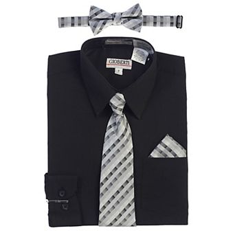 Gioberti Boy's Long Sleeve Dress Shirt + Plaid Tie, Bow Tie and Hanky