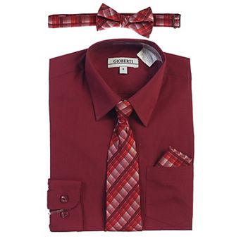 Gioberti Boy's Long Sleeve Dress Shirt + Plaid Tie, Bow Tie and Hanky