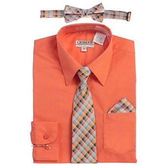 Gioberti Boy's Long Sleeve Dress Shirt + Plaid Tie, Bow Tie and Hanky