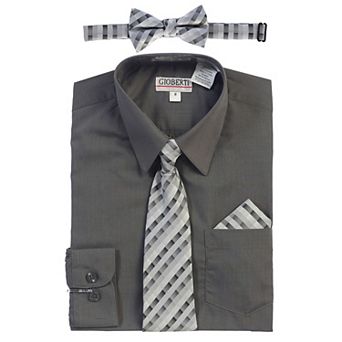 Gioberti Boy's Long Sleeve Dress Shirt + Plaid Tie, Bow Tie and Hanky