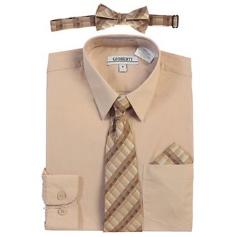 Gioberti Boy's Long Sleeve Dress Shirt + Plaid Tie, Bow Tie and Hanky