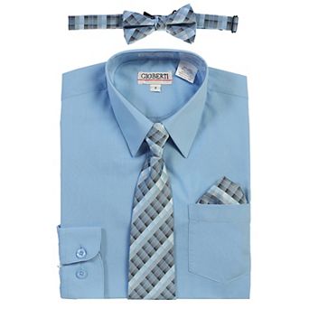 Gioberti Kid's Long Sleeve Dress Shirt + Plaid Tie, Bow Tie And Hanky