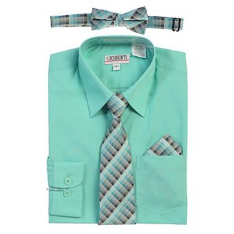 Gioberti Boy's Long Sleeve Dress Shirt + Plaid Tie, Bow Tie and Hanky