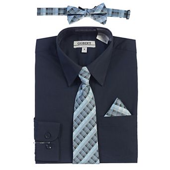 Gioberti Kid's Long Sleeve Dress Shirt + Plaid Tie, Bow Tie And Hanky