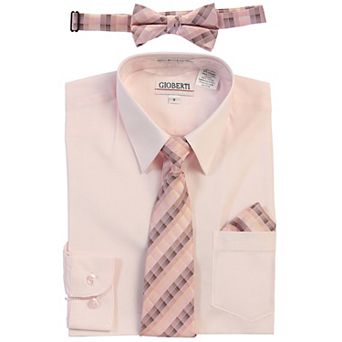 Gioberti Boy's Long Sleeve Dress Shirt + Plaid Tie, Bow Tie and Hanky