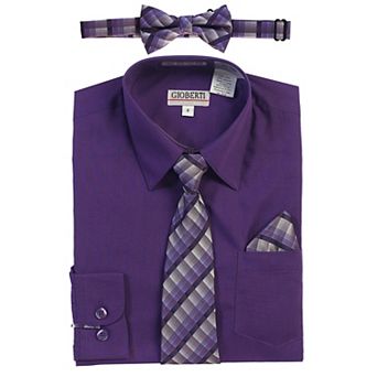 Gioberti Boy's Long Sleeve Dress Shirt + Plaid Tie, Bow Tie and Hanky