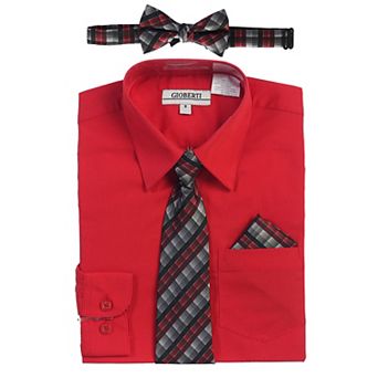 Gioberti Boy's Long Sleeve Dress Shirt + Plaid Tie, Bow Tie and Hanky